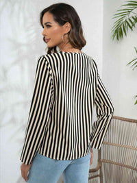 Striped Long Sleeve Notched Blouse