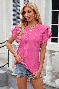 Notched Short Sleeve Eyelet T-Shirt