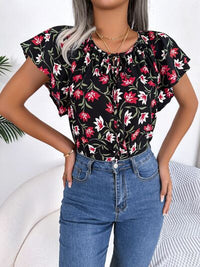 Floral Flutter Sleeve Tie Neck Blouse