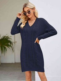 V-Neck Cable-Knit Mini Sweater Dresses