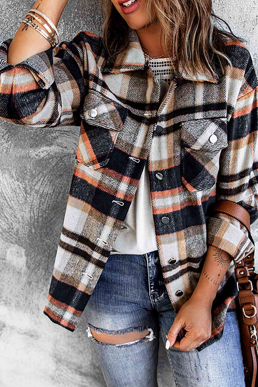 Plaid Button Front Shirt Jacket