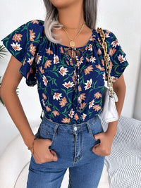 Floral Flutter Sleeve Tie Neck Blouse