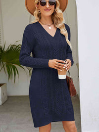 V-Neck Cable-Knit Mini Sweater Dresses