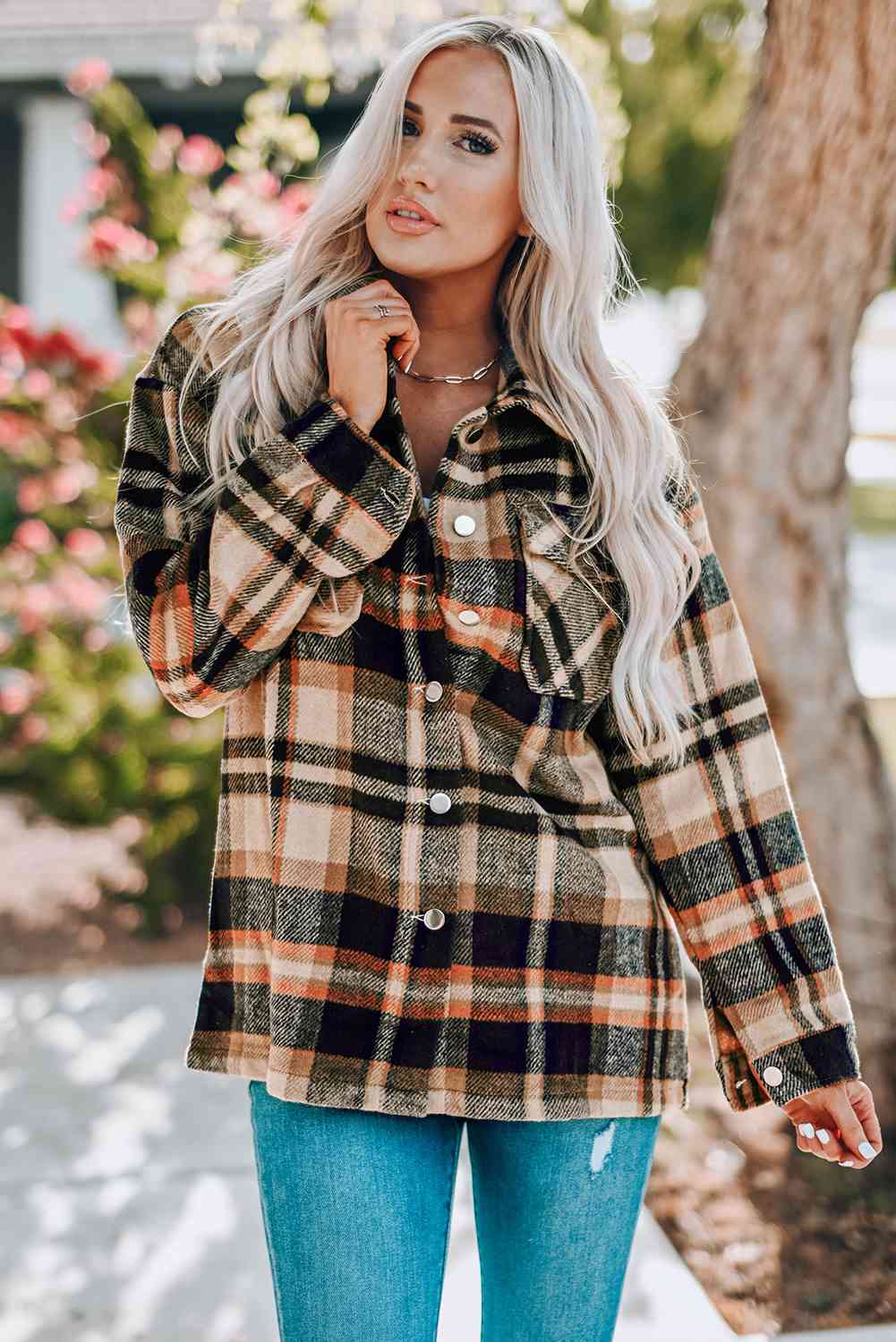 Plaid Button Front Shirt Jacket