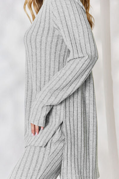 Full Size Ribbed High-Low Top and Wide Leg Pants Set