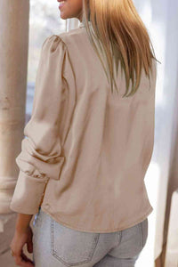 Lapel Collar Buttoned Puff Sleeve Shirt