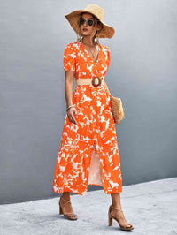 V-Neck Short Sleeve High Slit Midi Dress