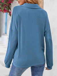 Half Button Collared Neck Long Sleeve Top