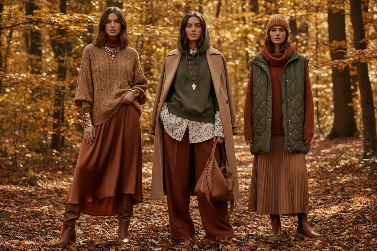 Women in cozy autumn outfits wearing oversized sweatshirts and layered fall looks in earth tones