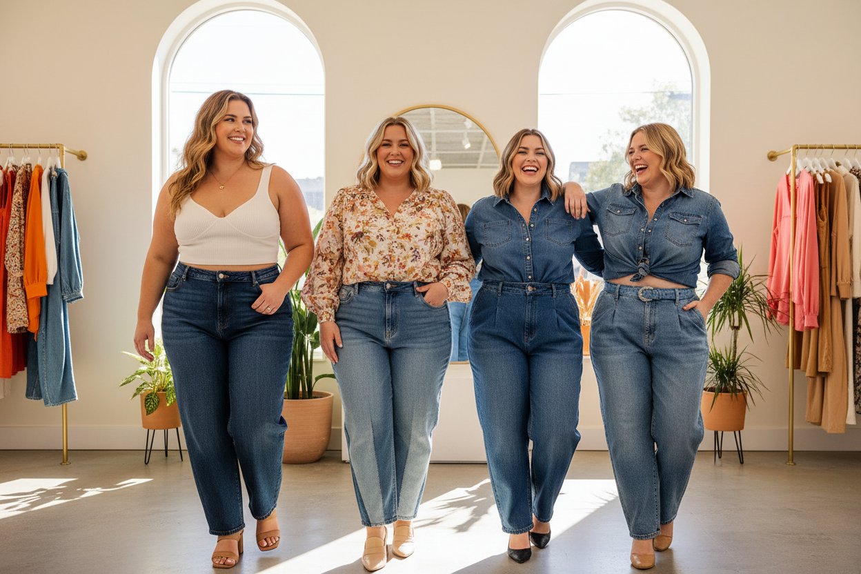 Confident curvy women wearing flattering barrel jeans — shop at Jerry's Apparel