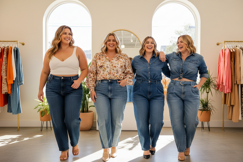 Confident curvy women wearing flattering barrel jeans — shop at Jerry's Apparel