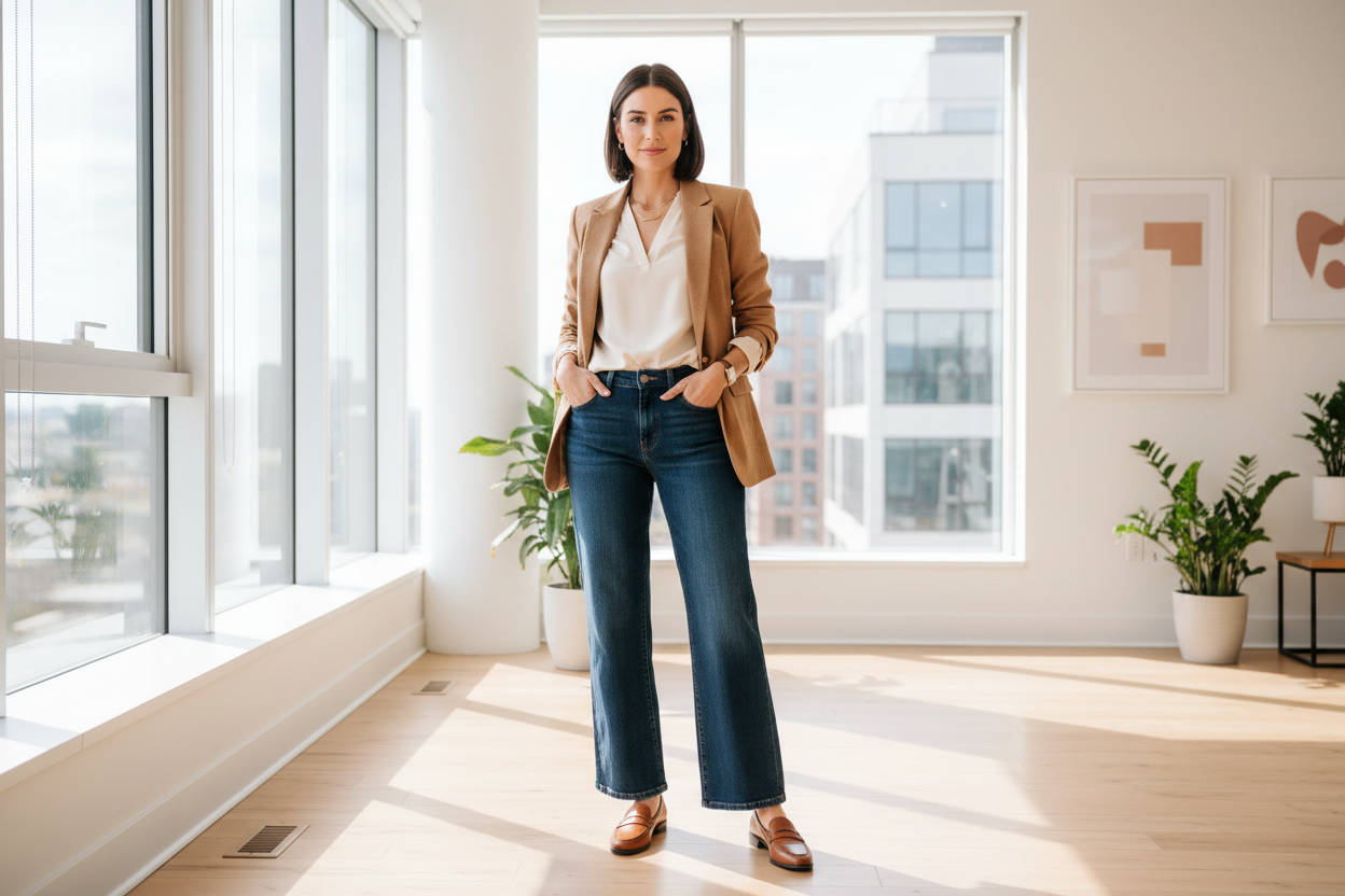 Stylish woman wearing barrel jeans for work in a smart-casual office outfit — shop at Jerry's Apparel