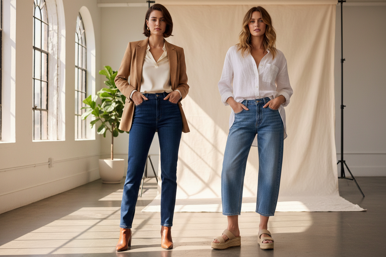 Comparison of barrel jeans and straight leg jeans silhouettes — shop both styles at Jerry's Apparel