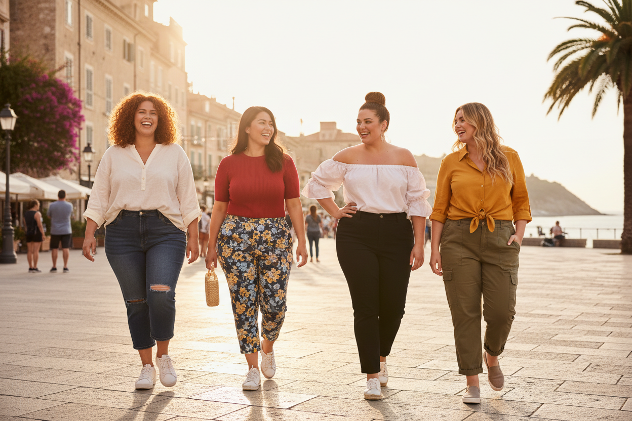  Confident curvy women wearing high-waisted capri pants — shop the best capris for curvy women at Jerry's Apparel