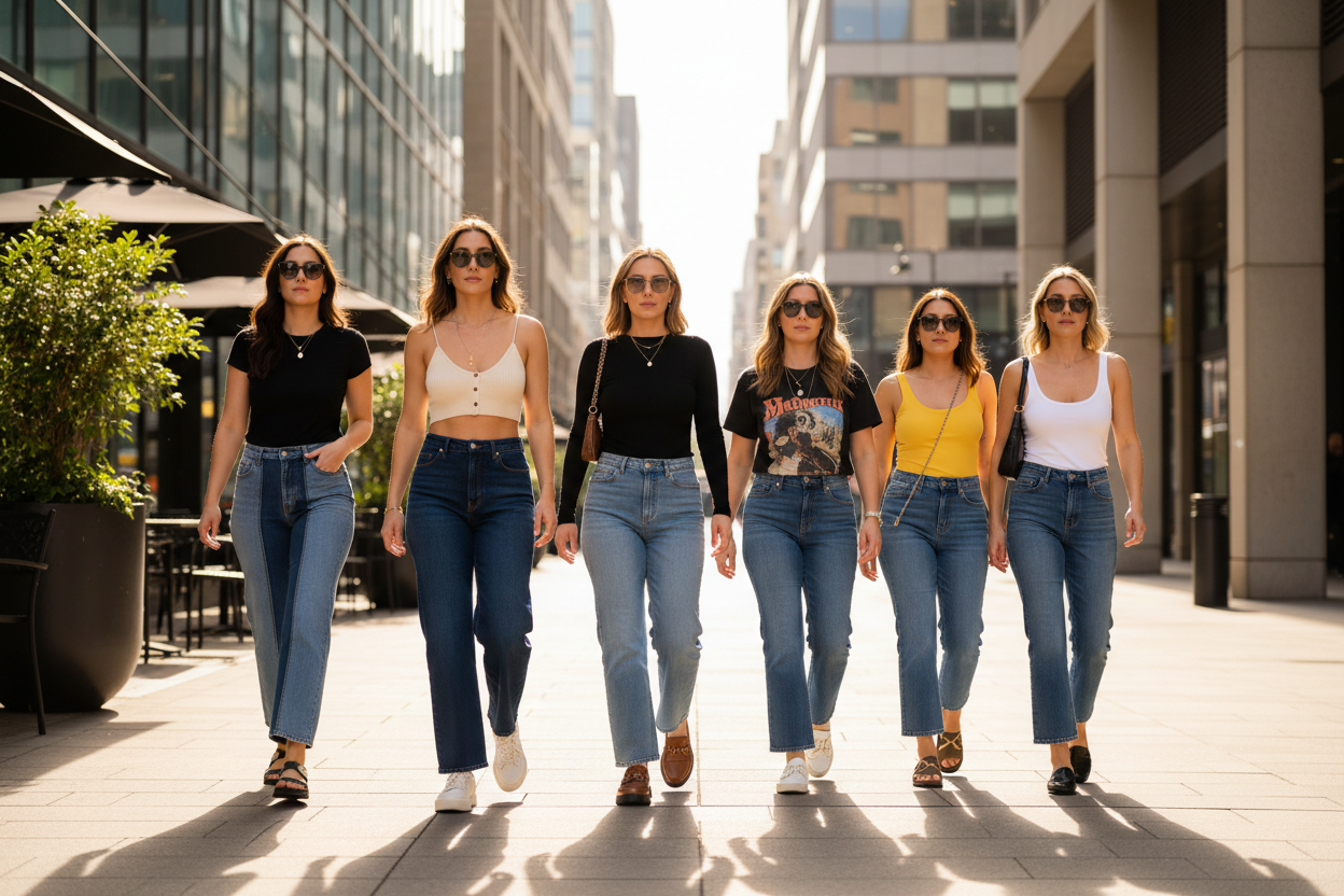 Stylish women wearing wide-leg barrel jeans — shop at Jerry's Apparel