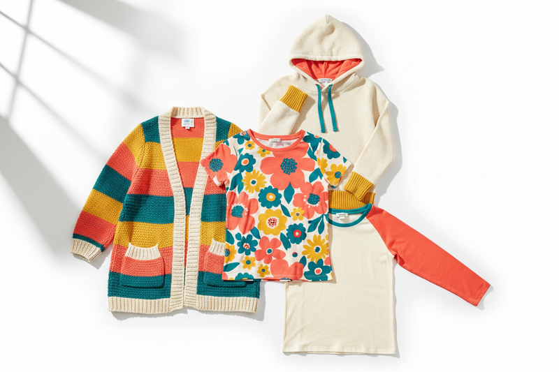 BOMBOM clothing collection — floral tees, color block cardigans and contrast hoodies for women at Jerry's Apparel