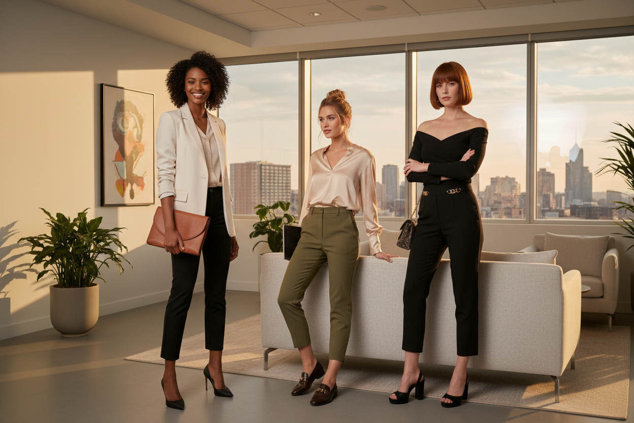 Stylish professional women wearing cropped pants in business casual office outfits — shop at Jerry's Apparel