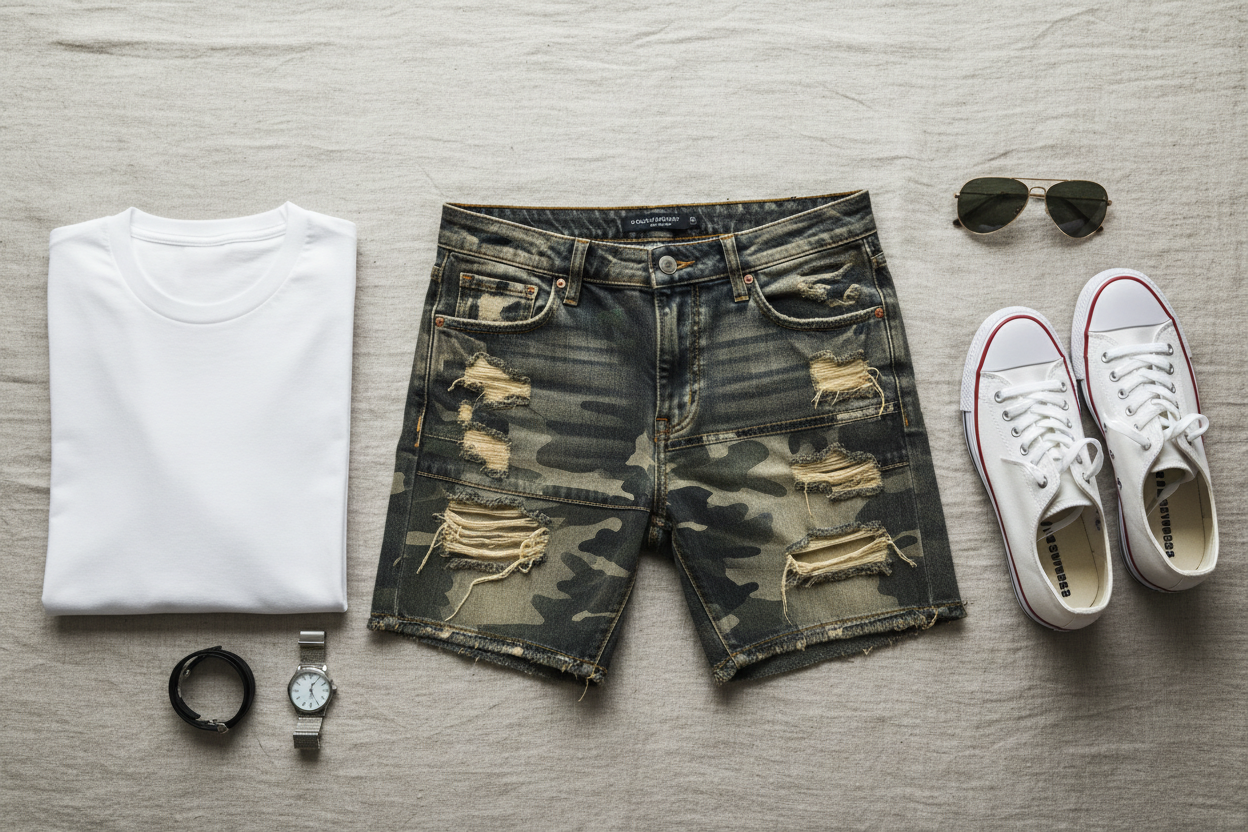 Men's distressed camo patchwork denim shorts styled with a white tee and sneakers — shop at Jerry's Apparel