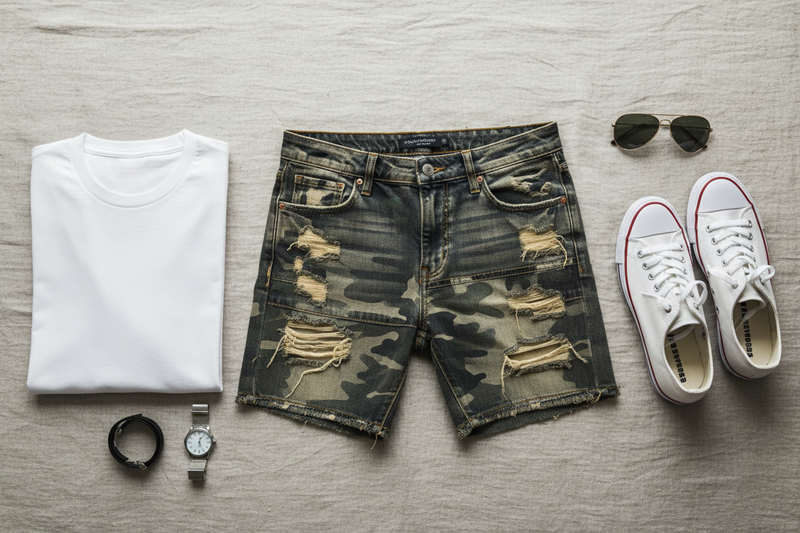 Men's distressed camo patchwork denim shorts styled with a white tee and sneakers — shop at Jerry's Apparel