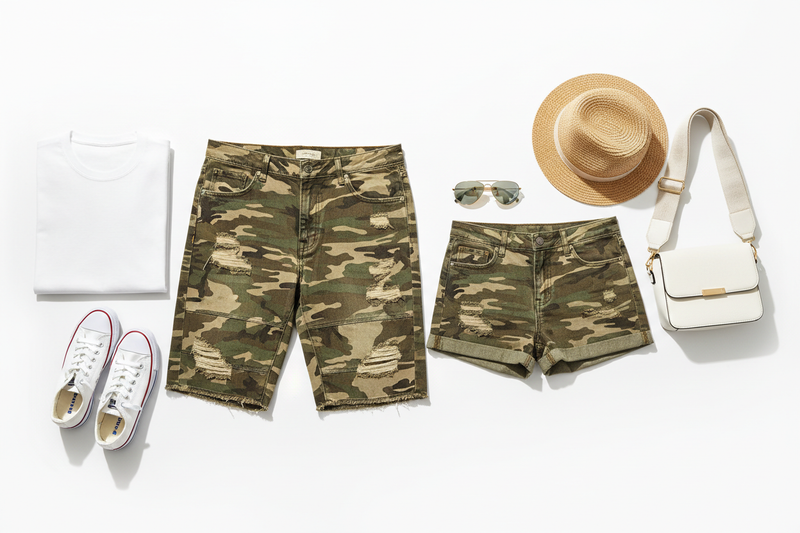 Camo jean shorts for men and women — distressed camo denim shorts styled with white tee and sneakers at Jerry's Apparel
