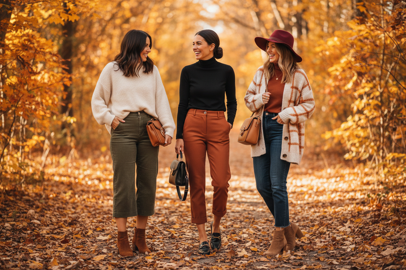 Stylish women wearing high-waisted capri pants in fall outfits — shop at Jerry's Apparel