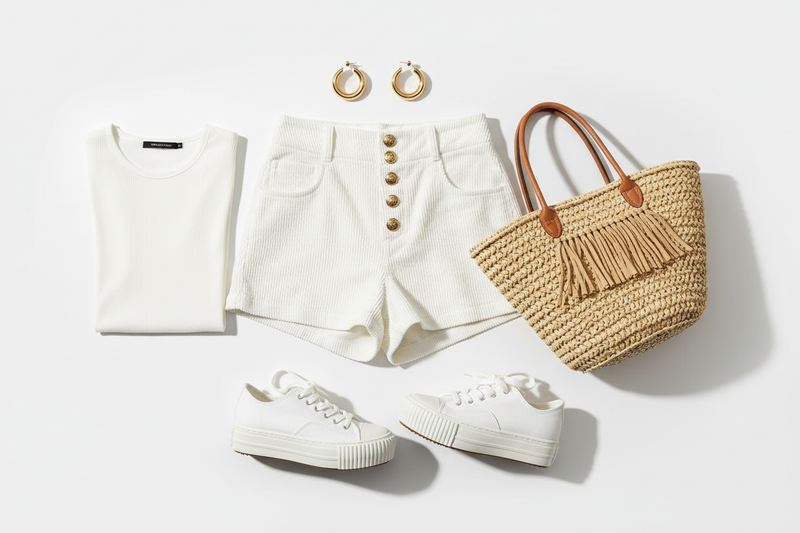 White high waist corduroy shorts with decorative buttons styled with white crop tee and platform sneakers — shop at Jerry's Apparel