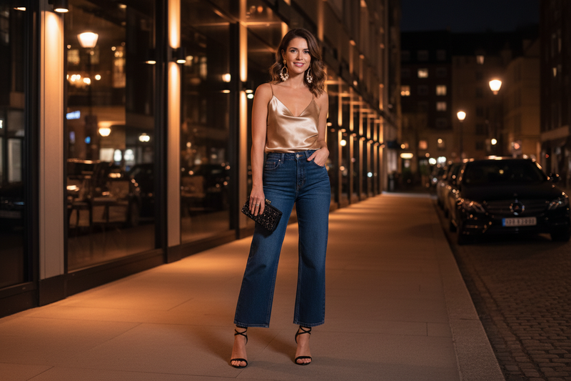 Stylish woman wearing barrel jeans dressed up for a night out — shop at Jerry's Apparel