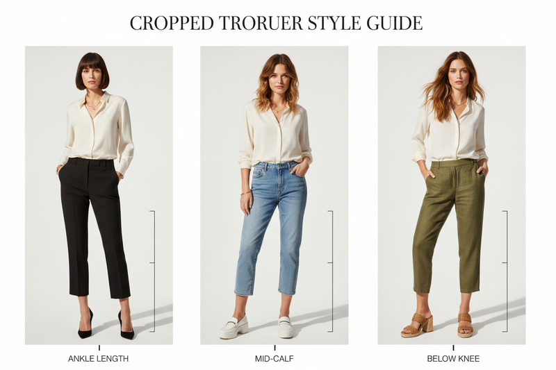 Women wearing cropped trousers at different lengths — shop cropped pants at Jerry's Apparel
