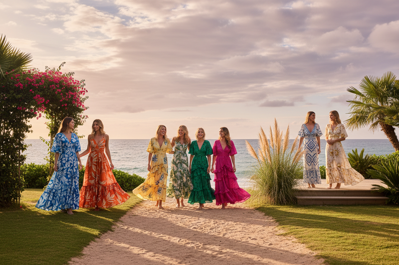 Stylish women wearing beautiful flowing maxi dresses outdoors — shop maxi dresses for women at Jerry's Apparel