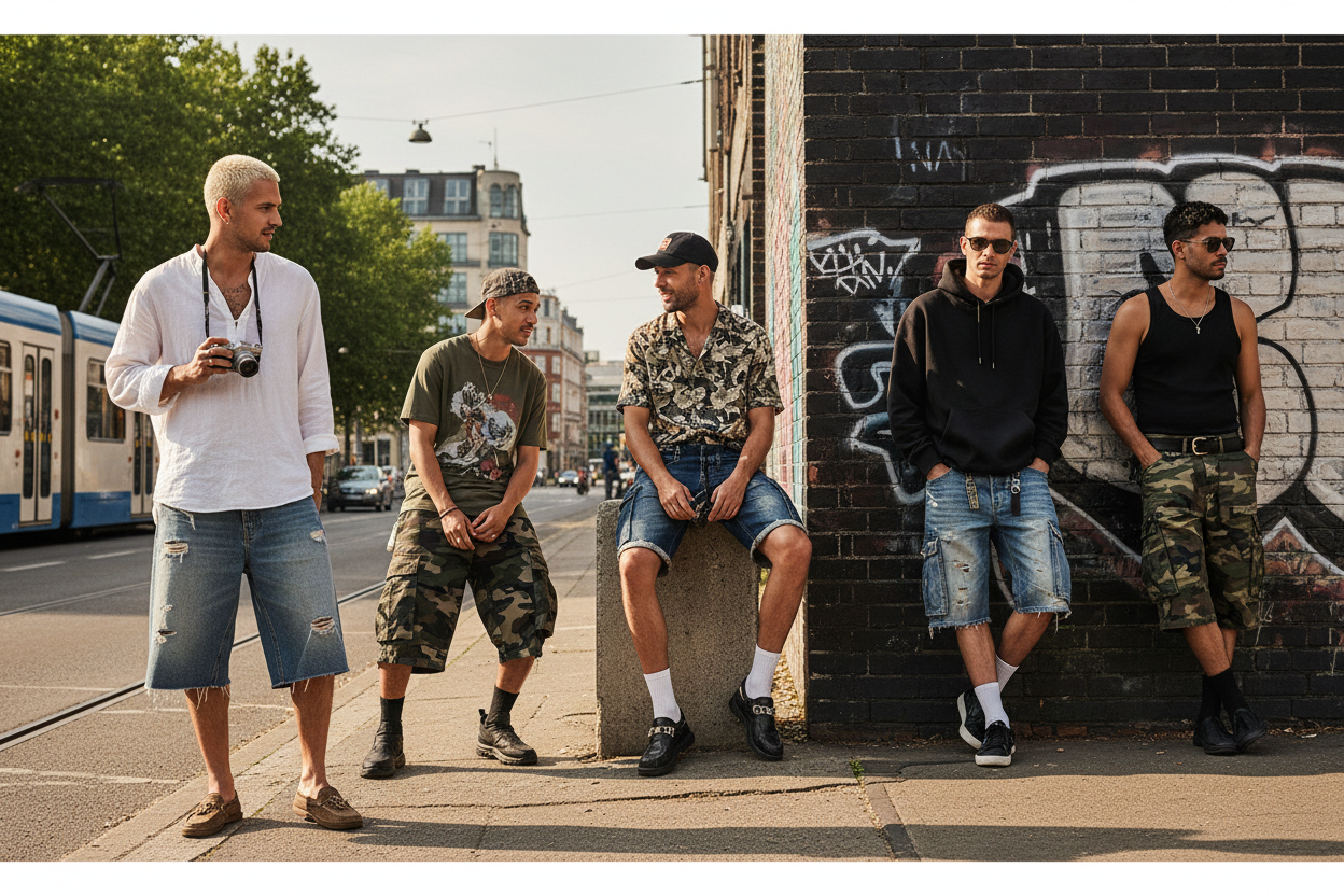 Stylish men wearing denim and camo shorts — shop men's denim shorts at Jerry's Apparel