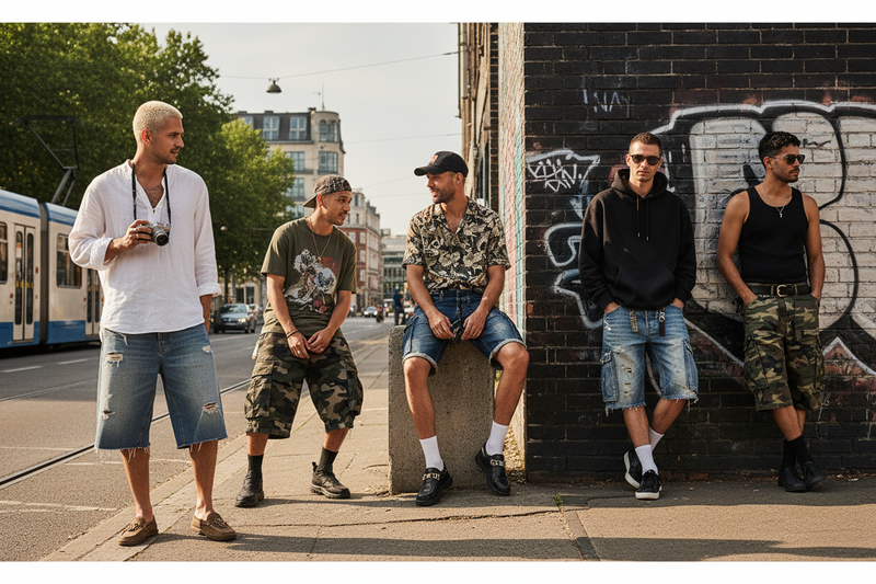 Stylish men wearing denim and camo shorts — shop men's denim shorts at Jerry's Apparel