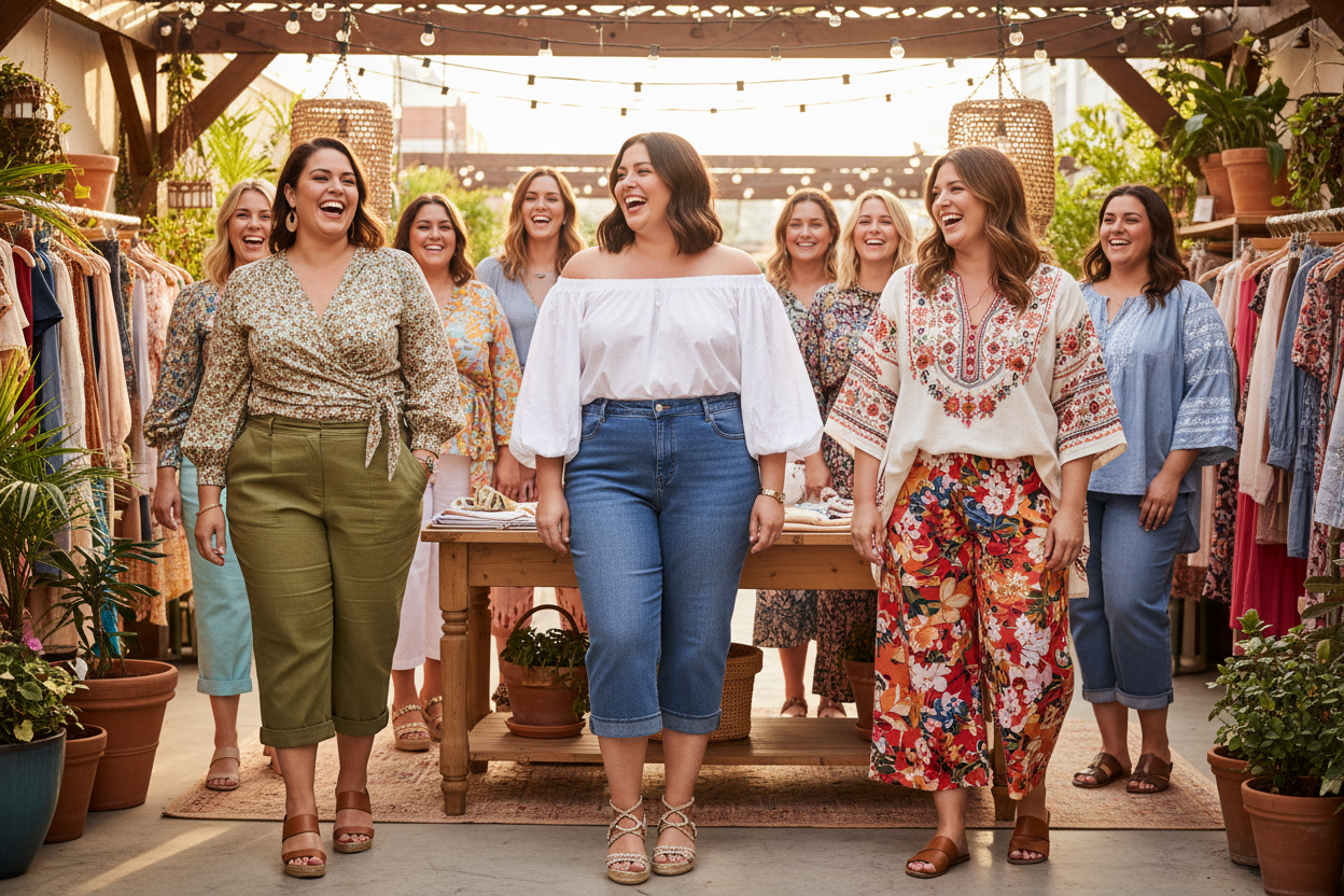 Confident plus size women wearing stylish capri pants — shop plus size capris at Jerry's Apparel