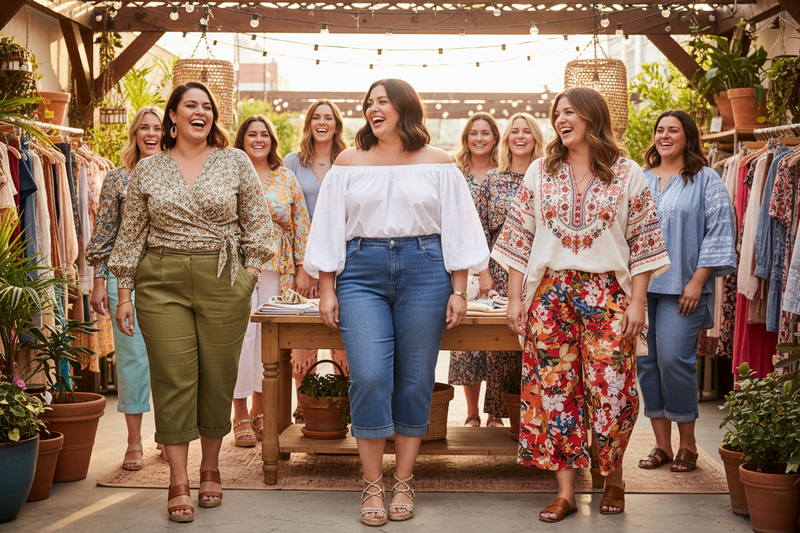 Confident plus size women wearing stylish capri pants — shop plus size capris at Jerry's Apparel