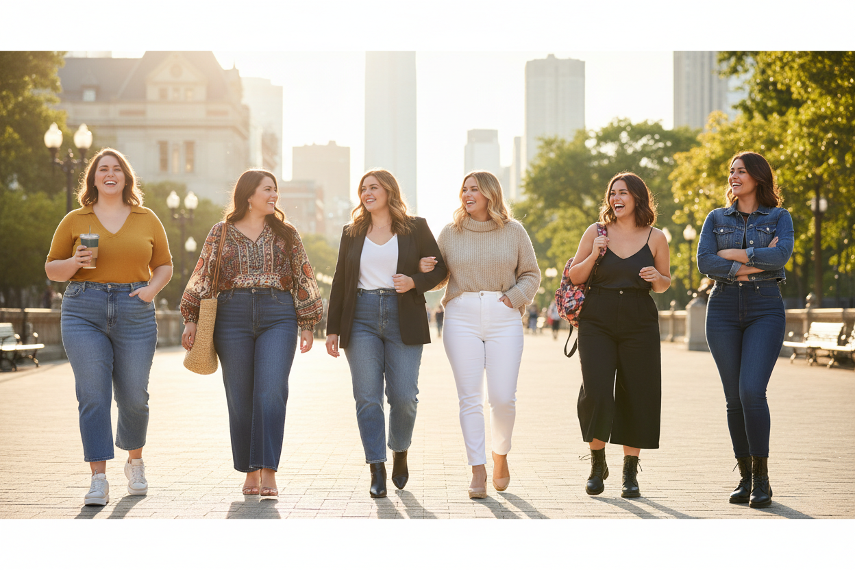 Stylish plus size women wearing RISEN jeans — shop RISEN plus size jeans at Jerry's Apparel