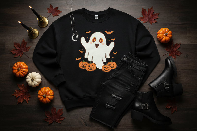 Spooky season clothing for women — Halloween aesthetic outfits with black graphic sweatshirt, jeans and boots at Jerry's Apparel