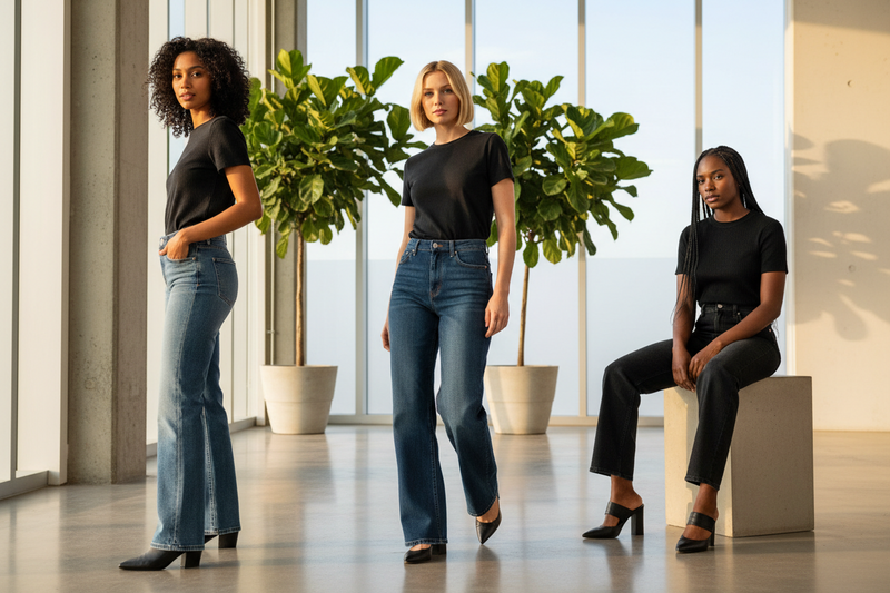 Women wearing wide-leg barrel jeans showing the distinctive barrel silhouette — shop at Jerry's Apparel