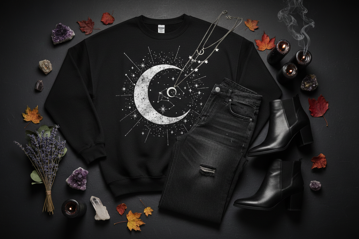 Witchy outfits for women — dark aesthetic fashion with black sweatshirt, wide leg jeans and celestial jewelry at Jerry's Apparel