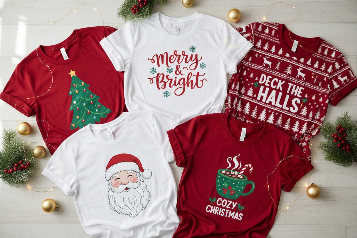 Women's Christmas graphic tees and festive holiday shirts — shop cute Christmas t-shirts at Jerry's Apparel