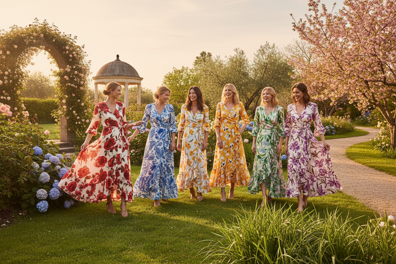 Stylish women wearing beautiful floral wrap dresses outdoors — shop wrap dresses for women at Jerry's Apparel