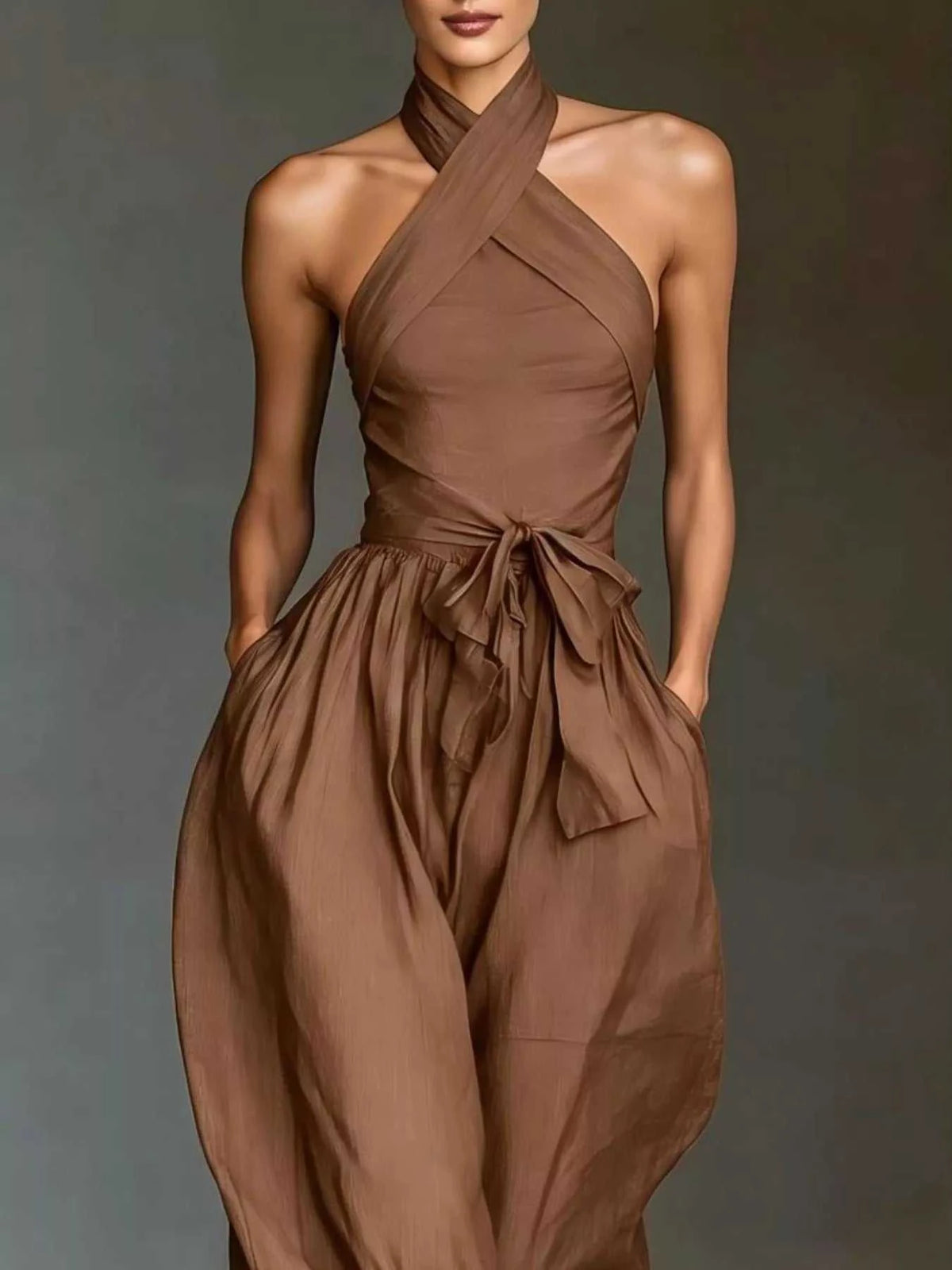 Halter Neck Wide-Leg Jumpsuit with Waist-Tie Detail 101001566820821 48 Affordable Fashion Under $100 Jerry's Apparel 