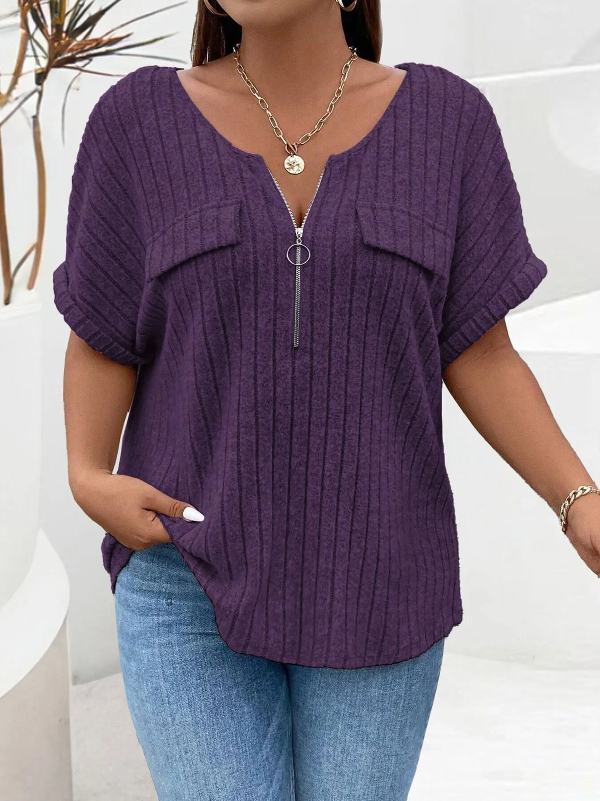 Plus Size Ribbed Half Zip Relaxed Fit T-Shirt