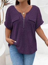 Plus Size Ribbed Half Zip Relaxed Fit T-Shirt