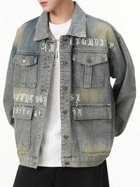 Men's Letter Print Washed Denim Jacket 104003447654205 124 Women's Fall Clothing Jerry's Apparel 