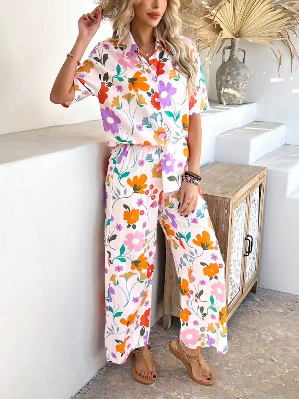 Devine Printed Button Down Shirt and Pants Set 100100774461792 54 Gifts for Her Jerry's Apparel 