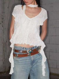 Ruffle Trimmed V-Neck Short Sleeve Lace Top 100100737480455 37 Affordable Fashion Under $100 Jerry's Apparel 