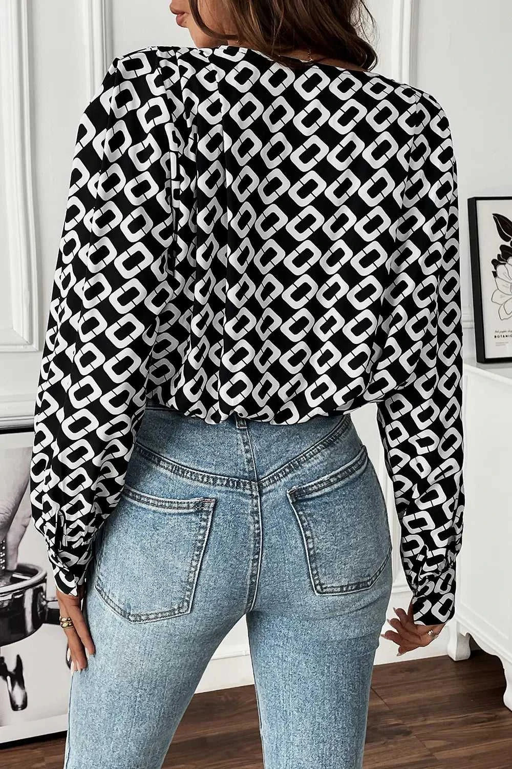 Perfee Geometric V-Neck Long Sleeve Blouse 100101658501768 32 Affordable Fashion Under $100 Jerry's Apparel 