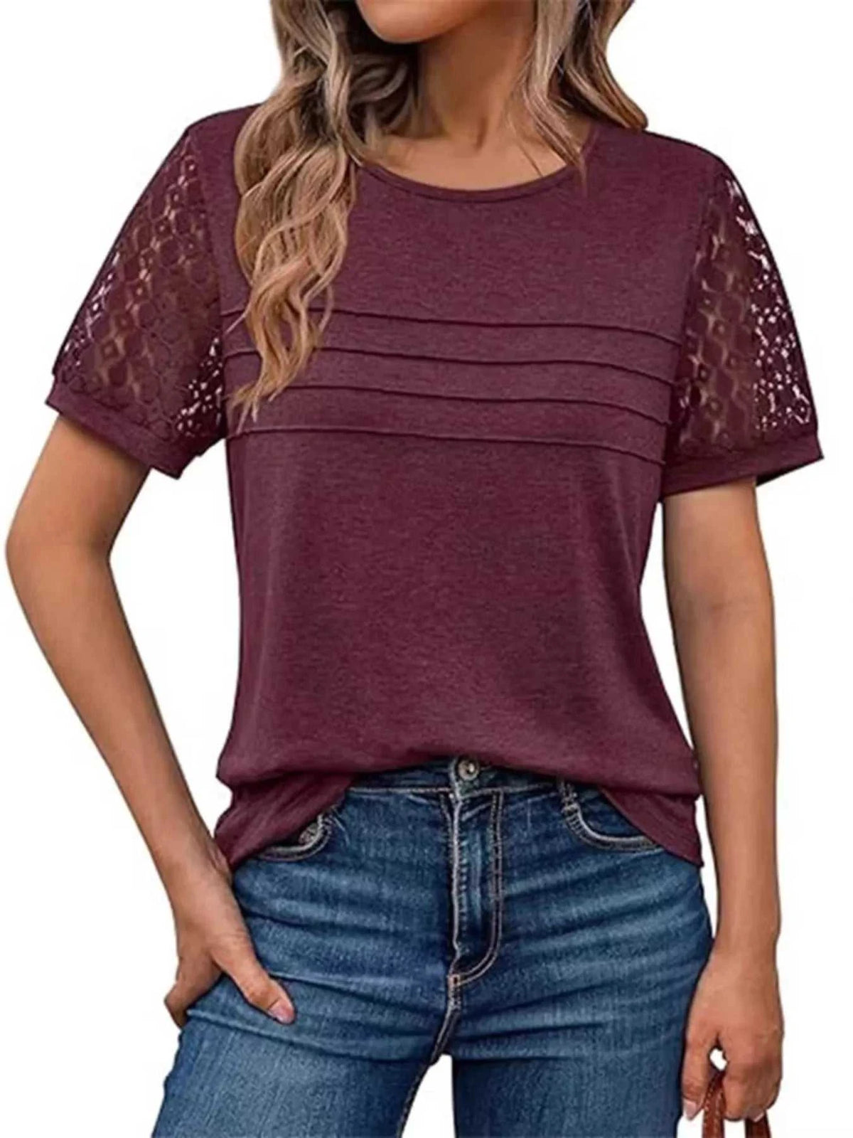 Lace Short Sleeve Round Neck T-Shirt 101001963259093 27 Affordable Fashion Under $100 Jerry's Apparel 