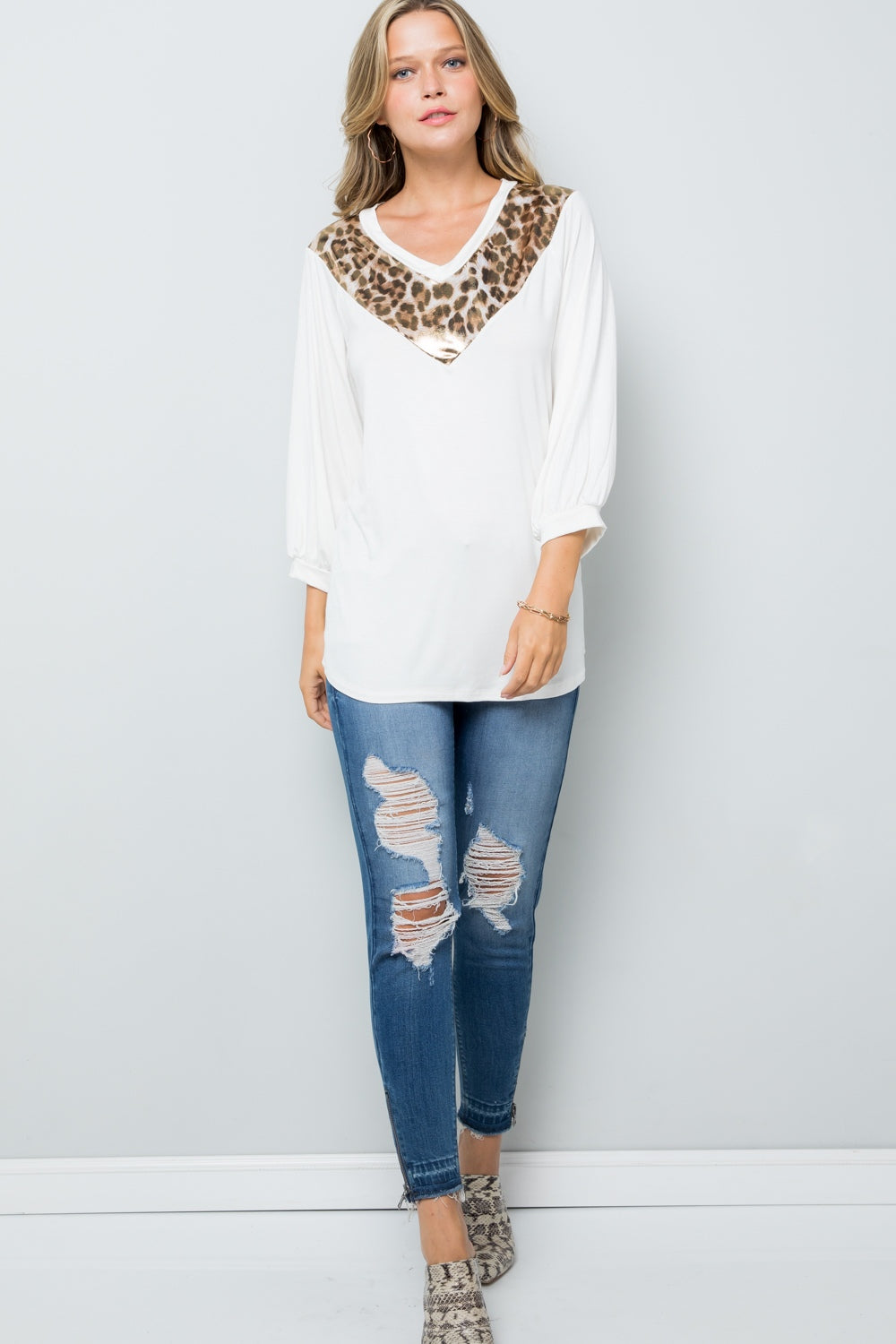 Full Size Leopard Contrast Balloon Sleeve Top