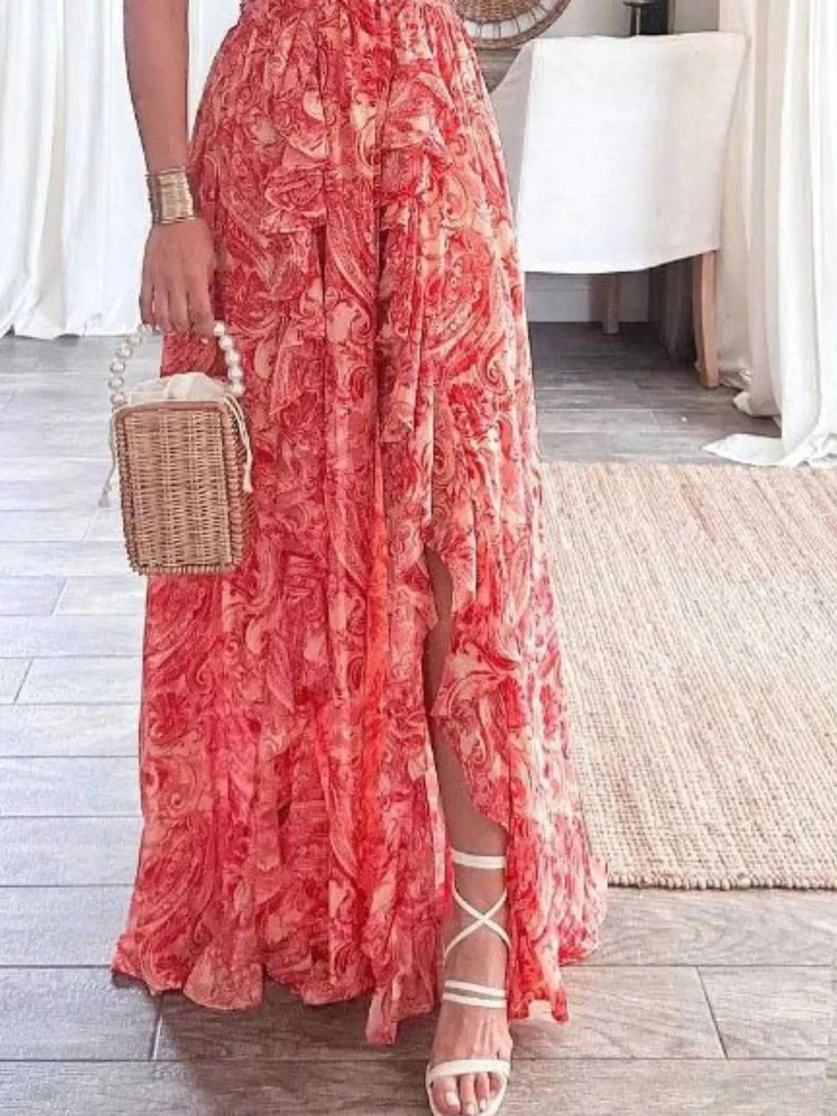 Full Size Ruffled Cutout V-Neck Maxi Dress Plus Size 100100023571871 43 Gifts for Her Jerry's Apparel 