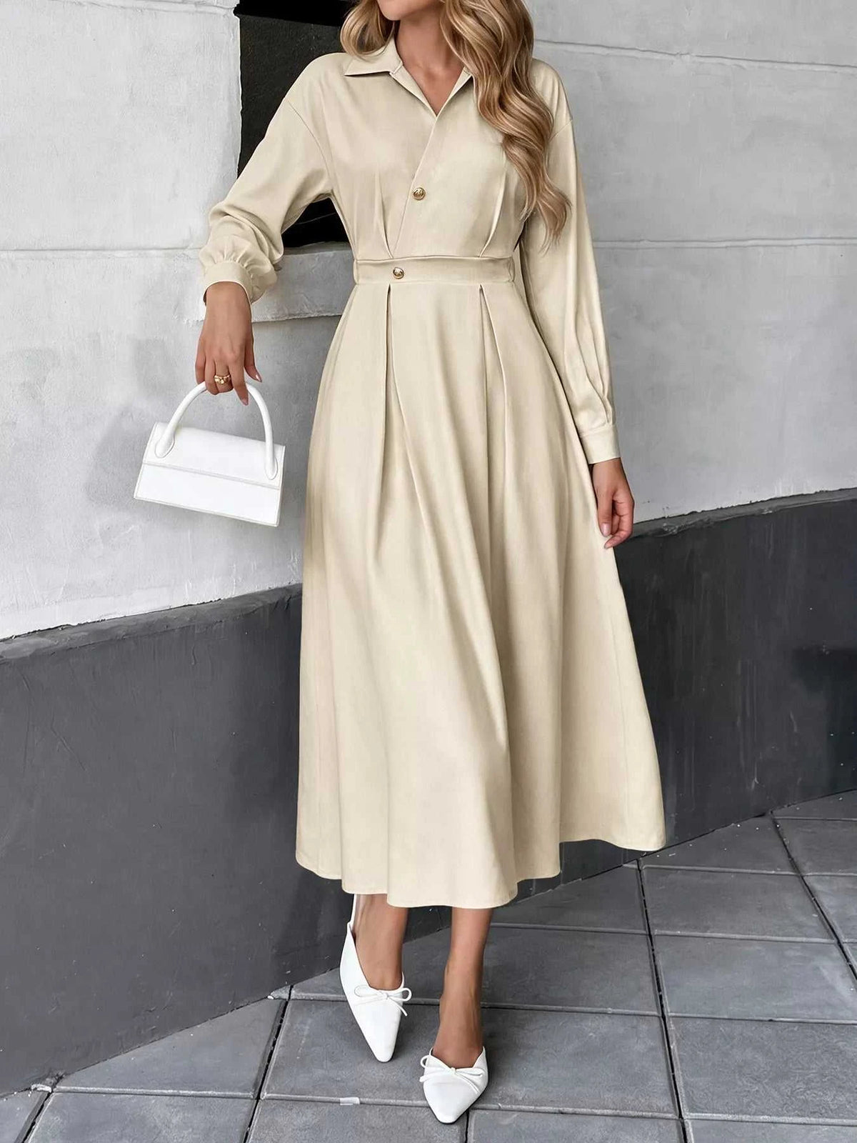 Pleated Button Detail Long Sleeve Shirt Dress 101001048648806 56 Affordable Fashion Under $100 Jerry's Apparel 